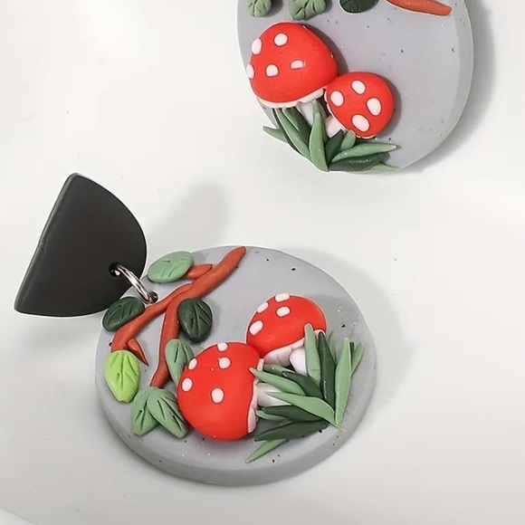 Handmade mushroom cottagecore dangle statement earrings - Picture 2 of 5